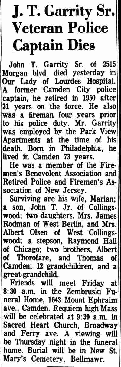 Camden Courier-Post, January 14, 1964 — J. T. Garrity Sr. Veteran Police Captain Dies