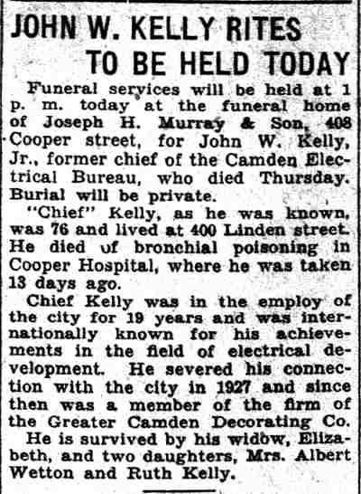 Camden Courier-Post, December 23, 1933 — John W. Kelly rites to be held today