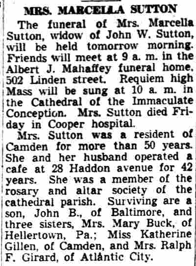 Camden Courier-Post June 4, 1945: Mrs. Marcella Sutton obituary