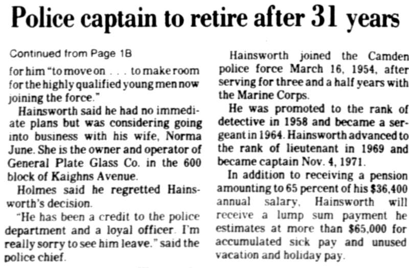 Police captain to retire after 31 years, Camden Courier-Post, August 8, 1985, continued