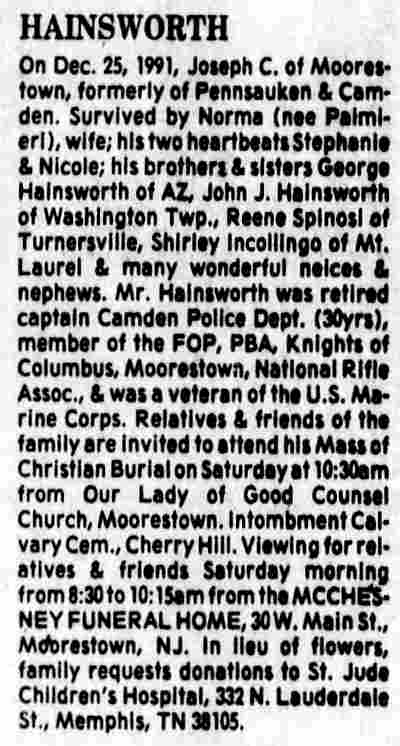 Obituary for Joseph C. Hainsworth, Camden Courier-Post, December 27, 1991