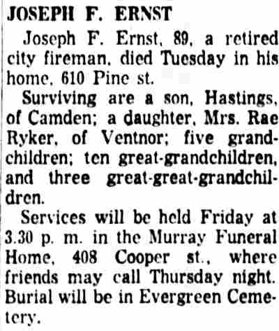 Camden Courier-Post obituary for Joseph F. Ernst, April 13, 1960