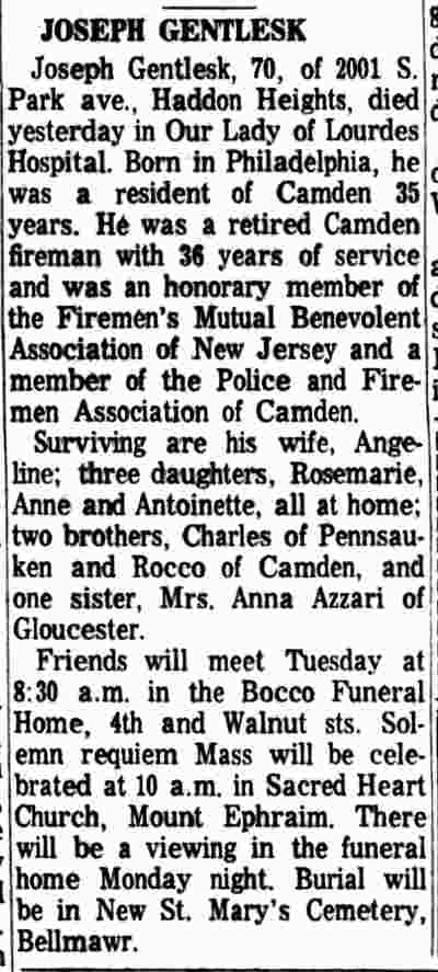 Obituary: Joseph Gentlesk, Camden Courier-Post, January 4, 1964