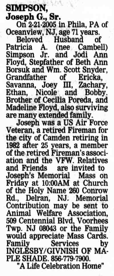 Camden Courier-Post, February 23, 2005: Obituary for Joseph G. Simpson Sr.
