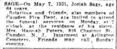 Camden Courier-Post, May 9, 1931 — Josiah Sage death notice