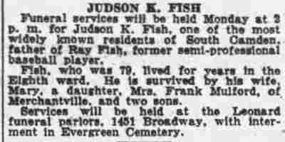 Camden Courier-Post obituary for Judson K. Fish, August 17, 1929