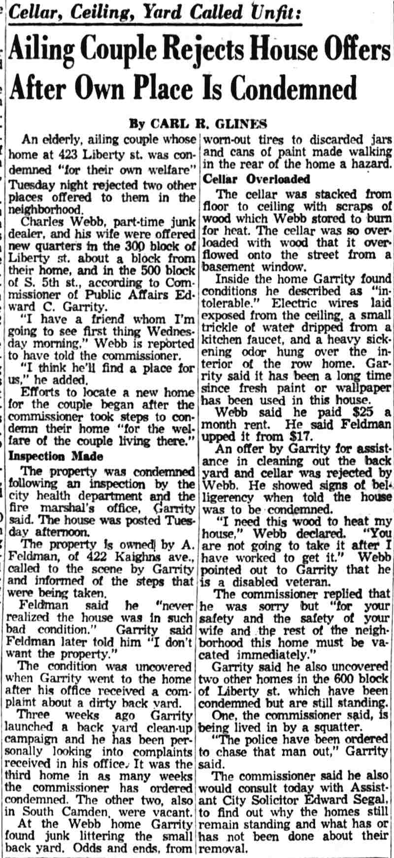 Cellar, Ceiling, Yard Called Unfit article, Camden Courier-Post August 27, 1958