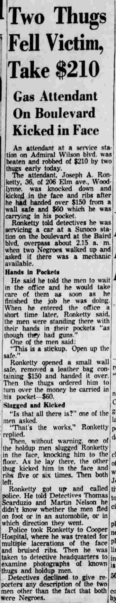 Two Thugs Fell Victim, Take $210 — Camden Courier-Post, February 2, 1955