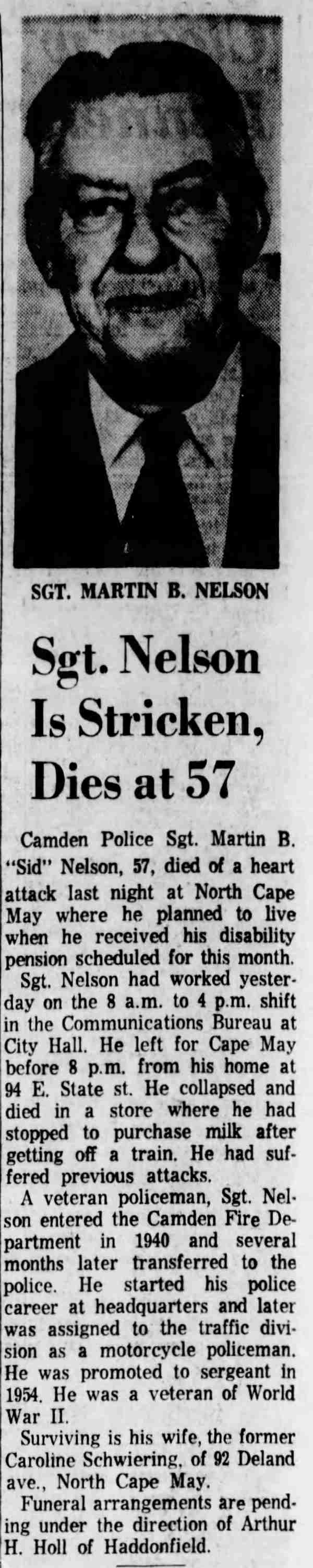 Sgt. Nelson Is Stricken, Dies at 57 — Camden Courier-Post, October 2, 1964