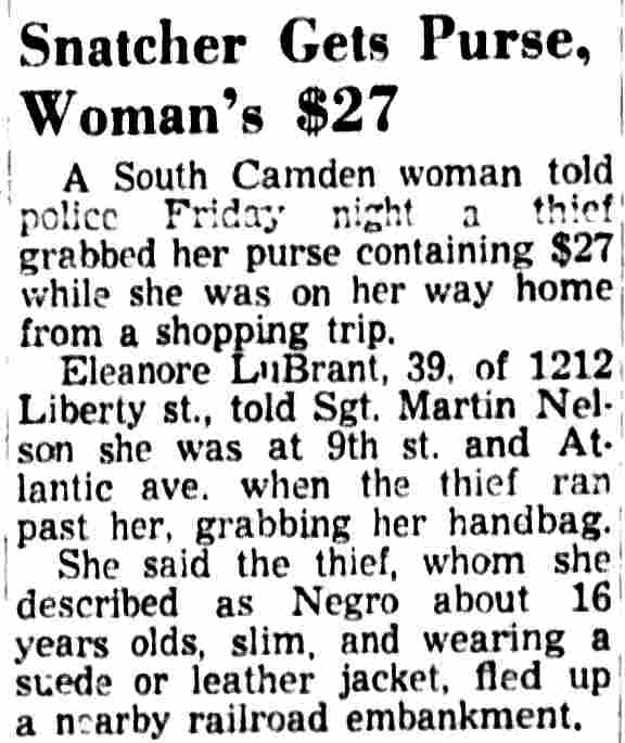 Snatcher Gets Purse, Woman's $27 — Camden Courier-Post, November 8, 1958