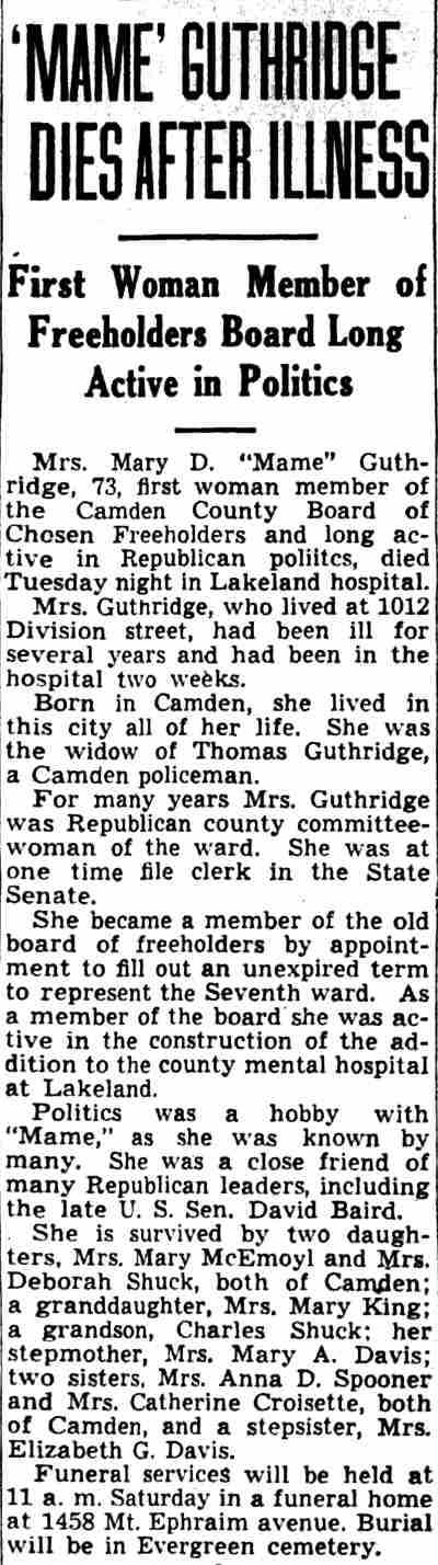 'Mame' Guthridge Dies After Illness, Camden Courier-Post, July 9, 1942