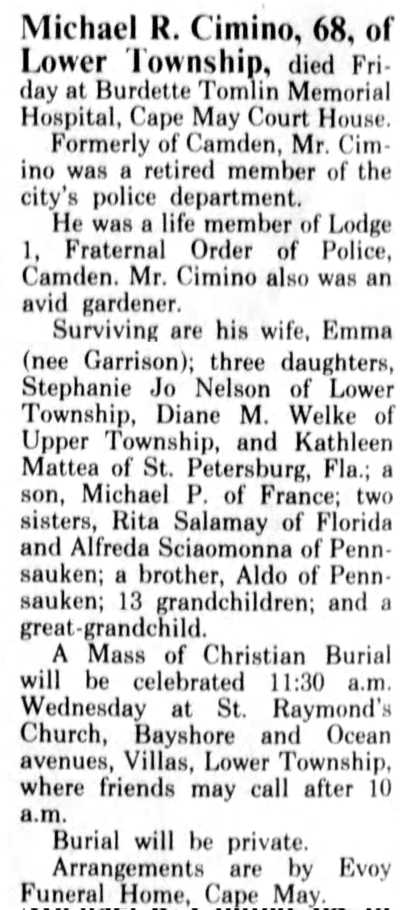 Michael R. Cimino death notice, Camden Courier-Post, June 12, 1995