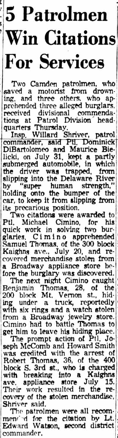 5 Patrolmen Win Citations For Services, Camden Courier-Post, August 7, 1959