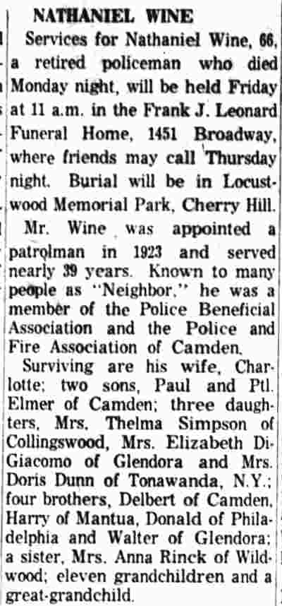 Nathaniel Wine obituary — Camden Courier-Post, July 11, 1962
