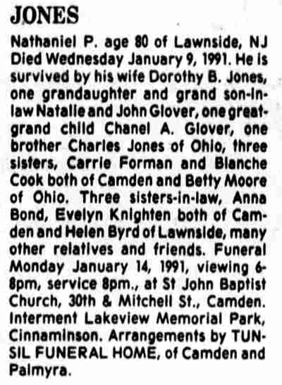 Death notice: Jones — Camden Courier-Post, January 13, 1991