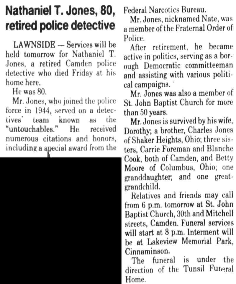 Obituary: Nathaniel T. Jones, 80, retired police detective — Camden Courier-Post, January 13, 1991