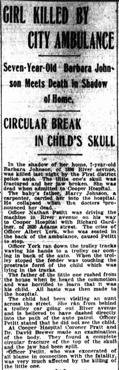 Camden Post-Telegram November 22 1919 — Girl Killed by City Ambulance