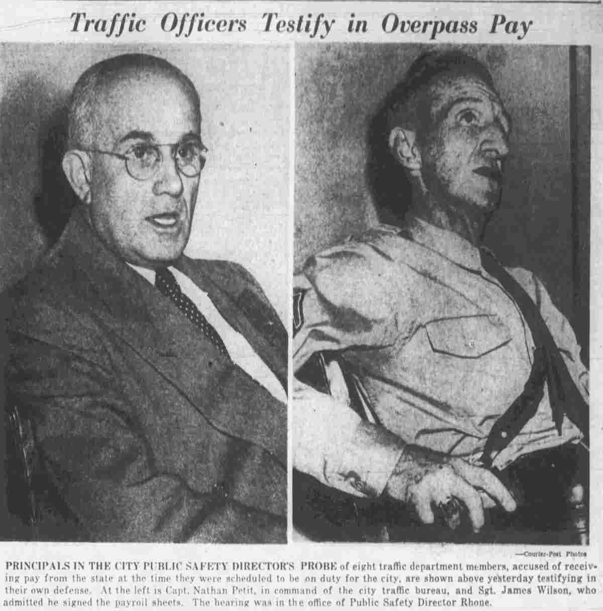 Capt. Nathan Petit and Sgt. James Wilson testifying in overpass pay hearing, September 1948