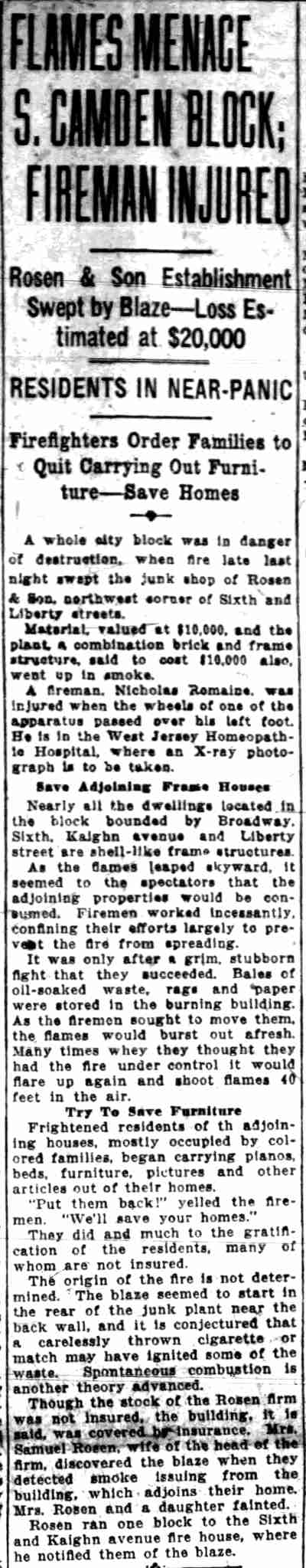 Flames Menace S. Camden Block Fireman Injured — Camden Daily Courier April 28 1921