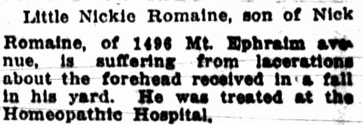 Brief item about Little Nickie Romaine — Camden Post-Telegram June 26 1916
