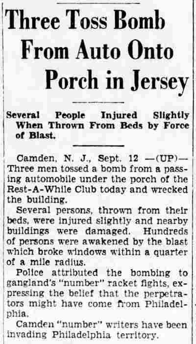 Three Toss Bomb From Auto Onto Porch in Jersey — Shamokin Daily Times, September 13, 1932
