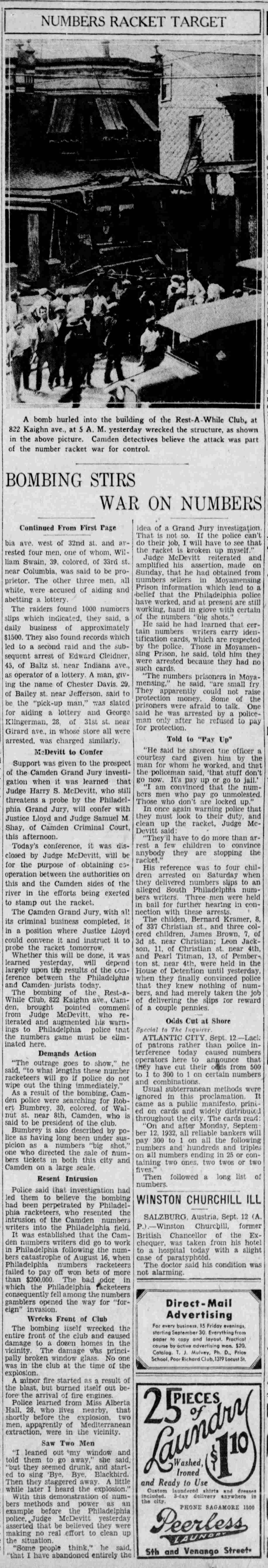 Numbers Racket Target — Philadelphia Inquirer, September 13, 1932
