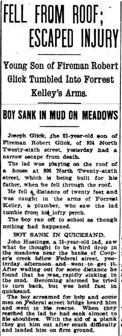 Camden Post-Telegram, November 11, 1903 — Fell From Roof; Escaped Injury