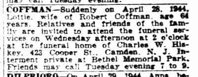 Coffman death notice — Camden Courier-Post, May 2, 1944