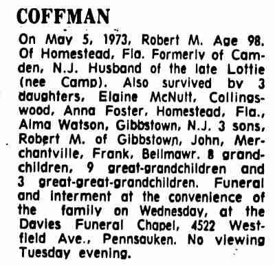 Coffman obituary — Camden Courier-Post, May 8, 1973