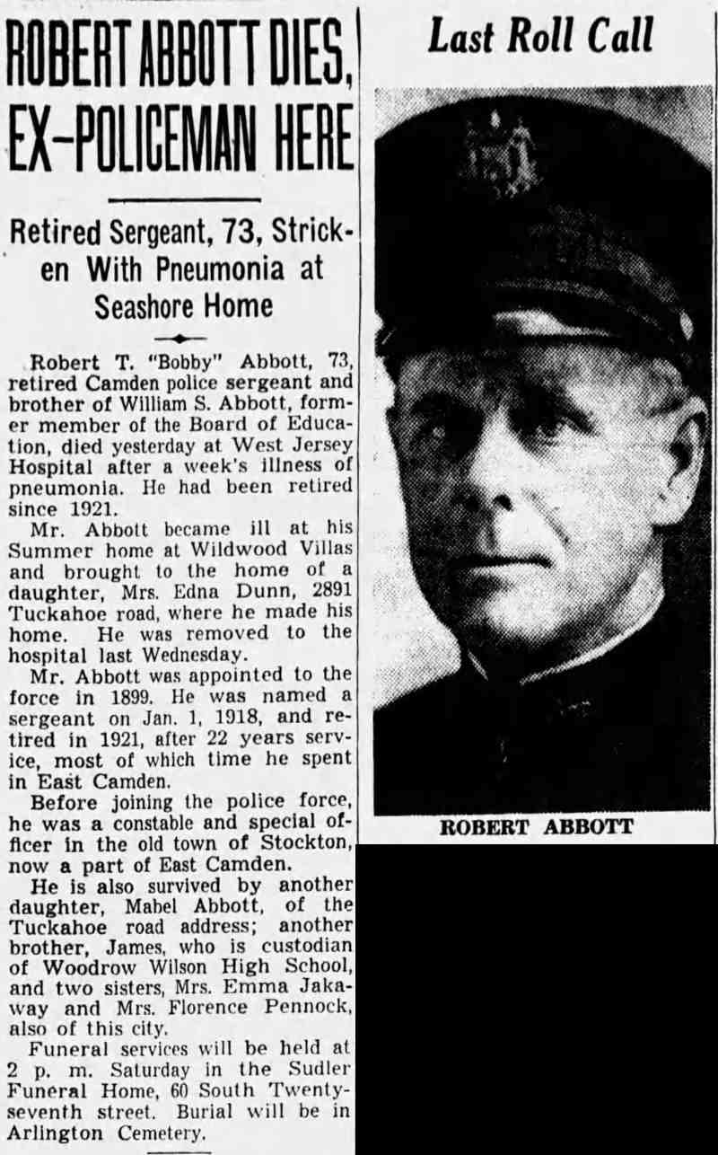Robert Abbott Dies, Ex-Policeman Here — Camden Courier-Post, February 8, 1939