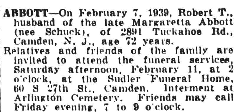Abbott death notice — Camden Courier-Post, February 8, 1939