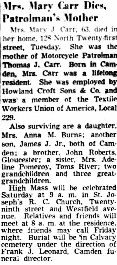 Camden Courier-Post obituary for Mrs. Mary J. Carr of 128 North 21st Street, November 1950