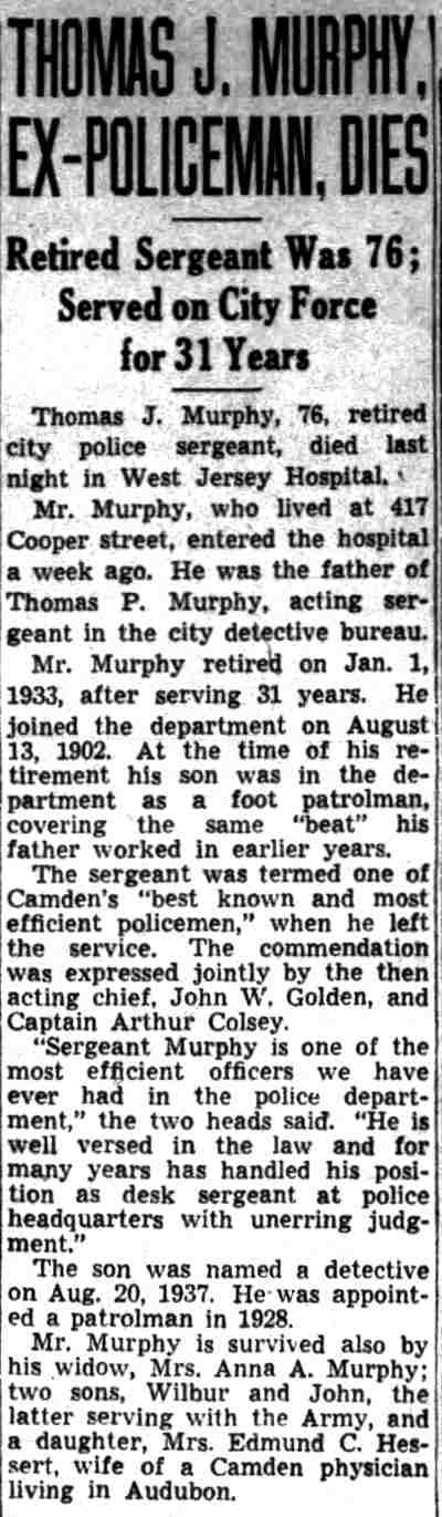 Camden Courier-Post August 10, 1943 — Thomas J. Murphy obituary