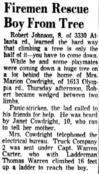 Camden Courier-Post, July 2, 1954 — Firemen Rescue Boy From Tree