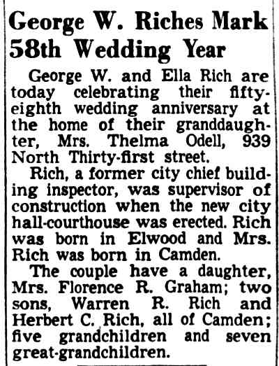 Camden Courier-Post, November 14, 1950 — George W. Rich and Ella Rich celebrating 58th wedding anniversary