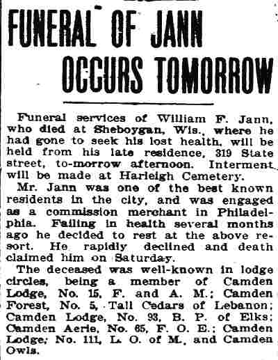 Funeral of Jann Occurs Tomorrow — Camden Daily Courier, July 3, 1912