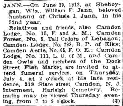 Death notice for William F. Jann — Camden Post-Telegram, July 3, 1912
