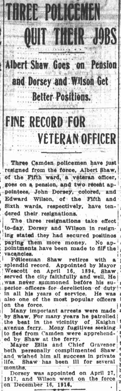 Camden Post-Telegram article about Albert Shaw's retirement from the police force, August 1, 1917