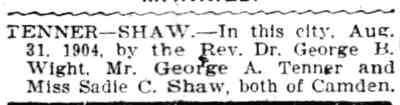 Camden Post-Telegram wedding notice for George A. Tenner and Sadie C. Shaw, September 2, 1904