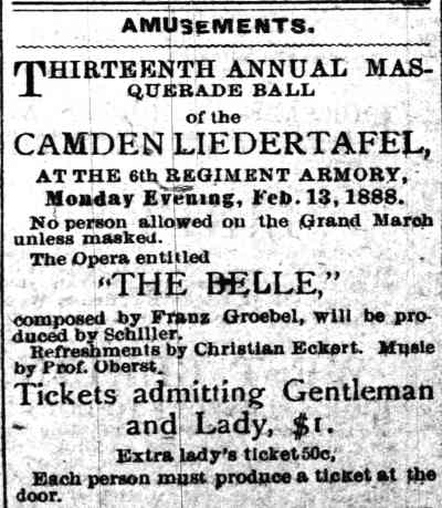 Camden Liedertafel article, February 13, 1888