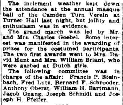 Camden Post-Telegram, February 24, 1914 — Turn Verein Masque Ball clipping mentioning David Hunt
