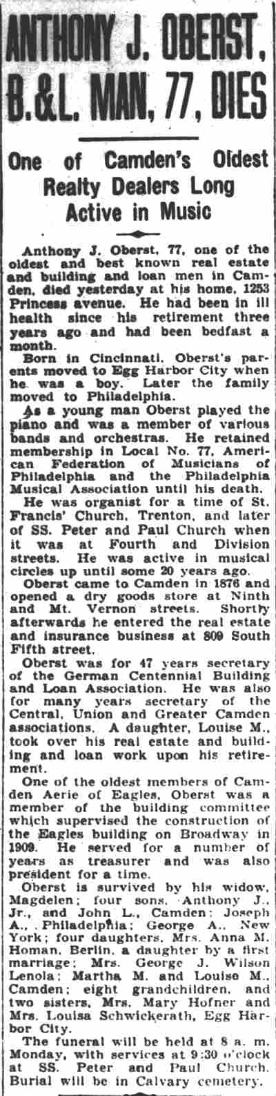 Anthony J. Oberst obituary, March 23, 1934