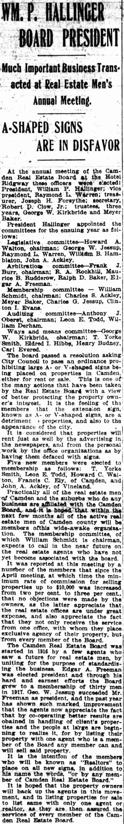 Camden Real Estate Board annual meeting, Camden Post-Telegram, May 1, 1918