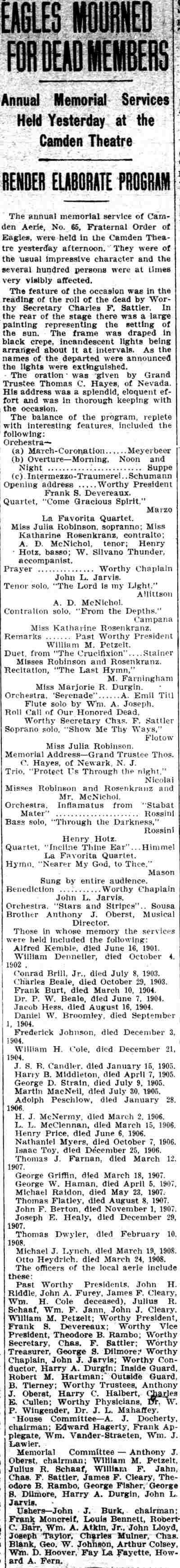 Eagles anniversary article, May 11, 1908