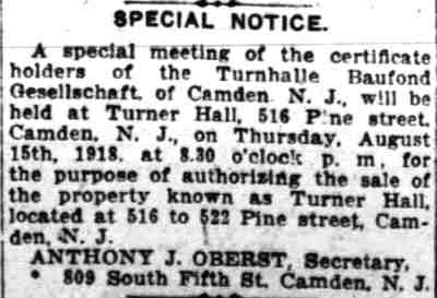 Turner Hall sale article, August 8, 1918