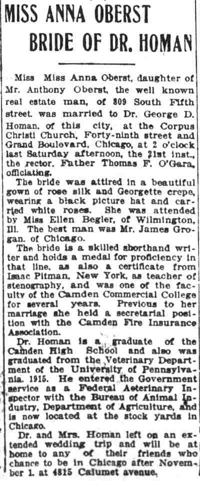 Oberst wedding anniversary article, October 23, 1916
