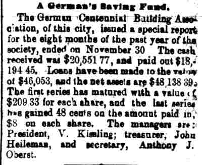German Centennial Building Association article, December 14, 1887