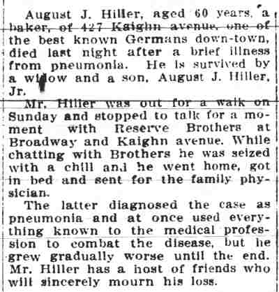 August Hiller obituary, Camden Post-Telegram, November 17, 1910