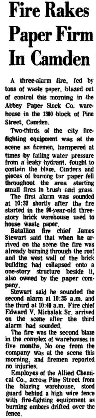 Camden Courier-Post, May 8, 1972 — Fire Rakes Paper Firm In Camden