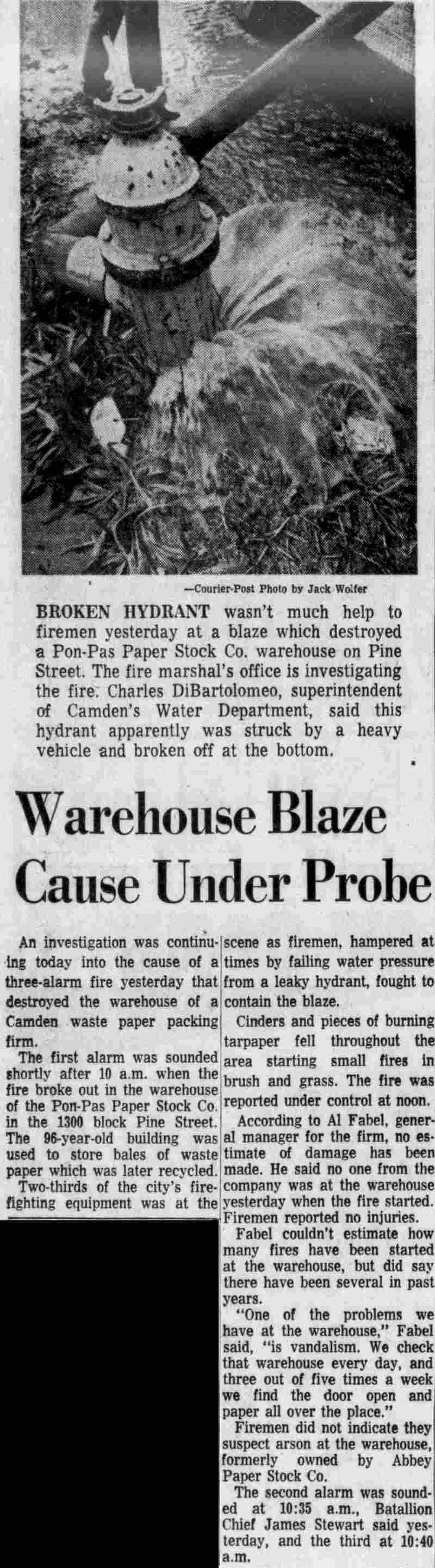 Camden Courier-Post, May 9, 1972 — Warehouse Blaze Cause Under Probe